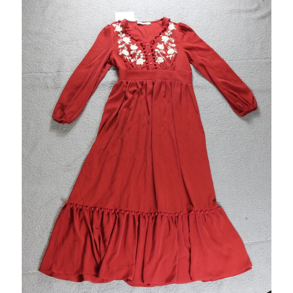NEW Anany Dress Womens Medium Red Floral Beige Embroidery Maxi Boho